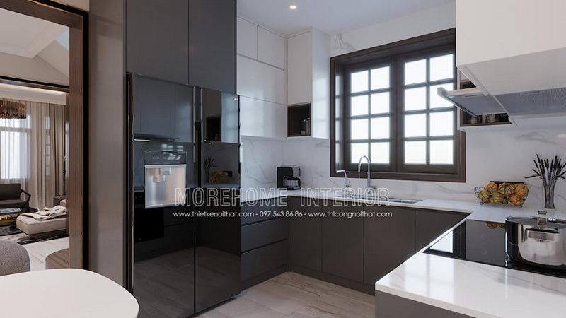 Thiết kế nội thất phòng bếp hiện đại với tông màu đối xứng kết hợp